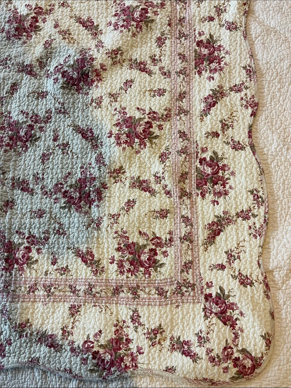 Floral Quilted embroidered Throw Blanket in Cream and Rose reversible